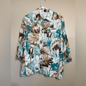 Alfred Dunner women’s Linen Teal and Brown Leaf Print Shirt size 12